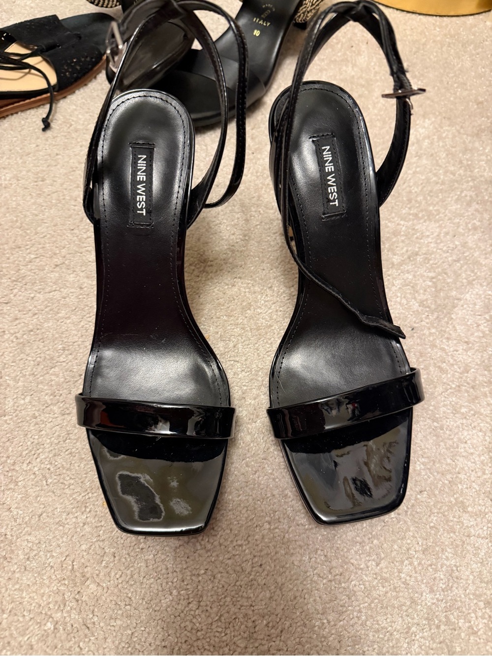 Nine West Black Patent Square-Toe Ankle-Strap Heels